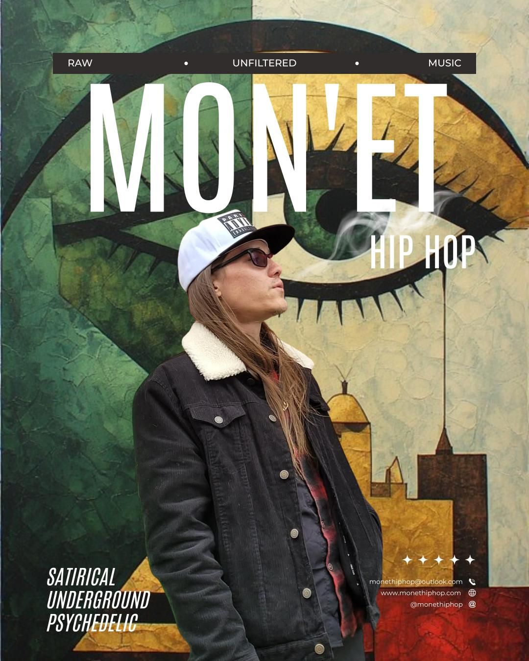 Mon'et featured poster. Raw, unfiltered music. Satirical underground psychedelic hip hop from Prince Edward Island.